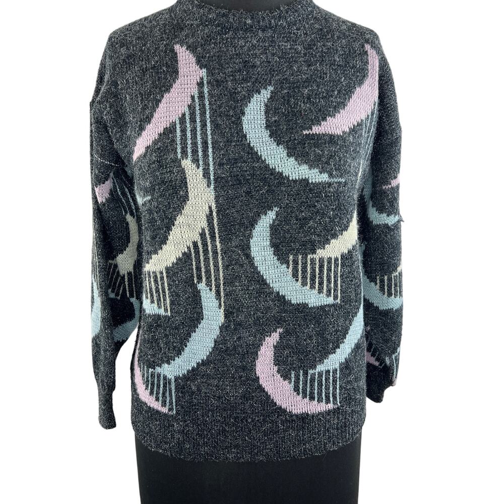 VINTAGE Adele Knitwear Retro Print Gray Silver Pullover Sweater Crew Neck 3 VTG